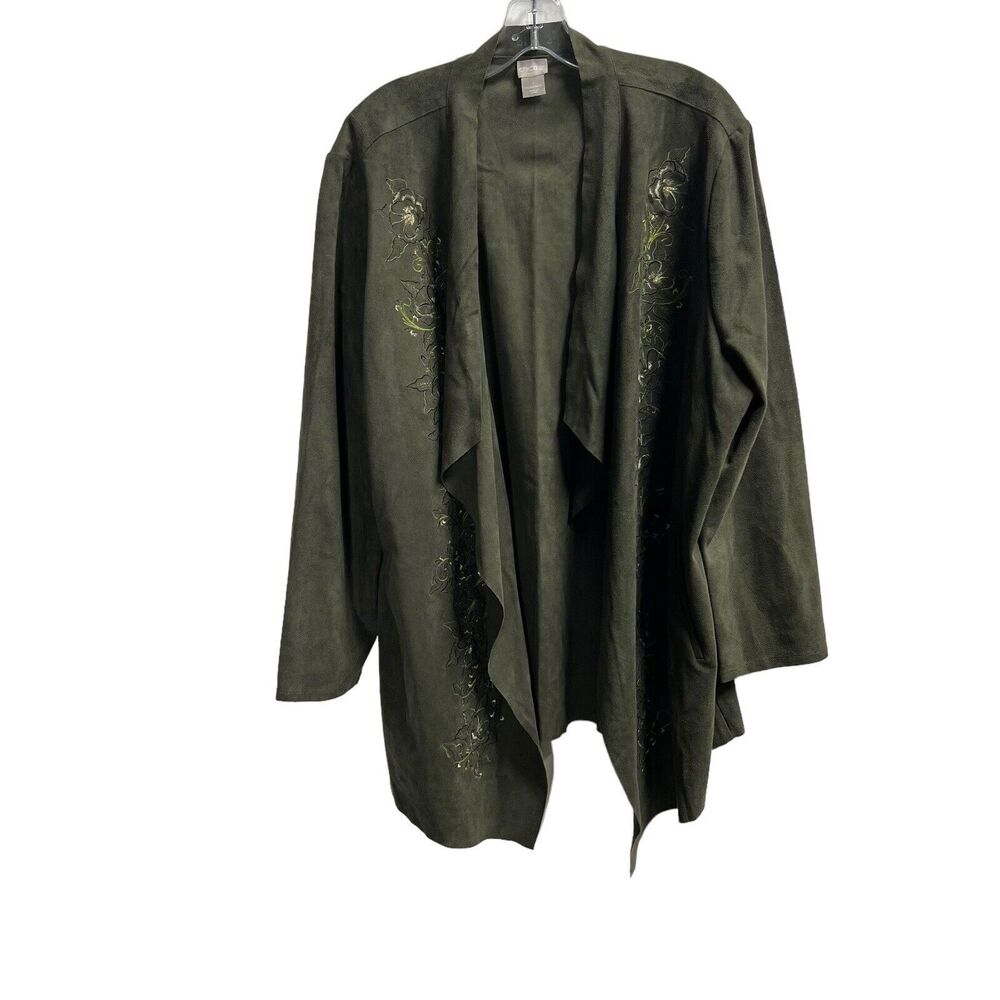 Chicos Womens Floral Embroidered Suede Jacket Plus Size 20/22 Green Open Front